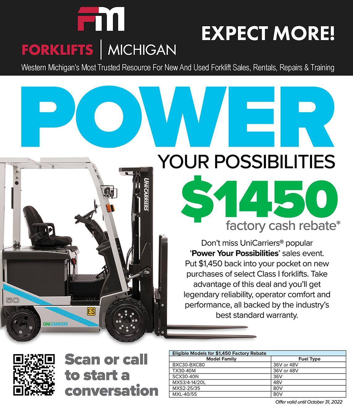  1 450 Factory Cash Rebate On UniCarriers Forklifts Of Michigan