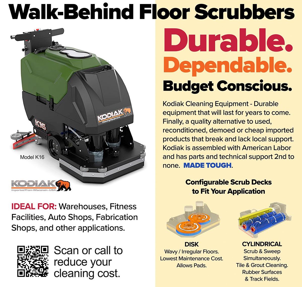 Kodiak Walk Behind Scrubbers - Ideal for Warehouses, Fitness Facilities, Auto Shops, Fabrication Shops. Available in Disk and Cylindrical