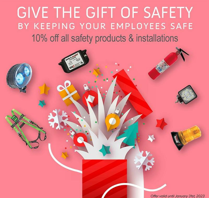 Give the gift of safety by keeping your employees safe - plus images of safety lights, fire extinguishers, straps - expires January 31,2023