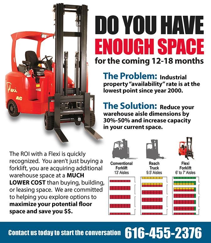 The Flexi lift truck can run in 6-7 foot wide aisles versus 13 foot conventional