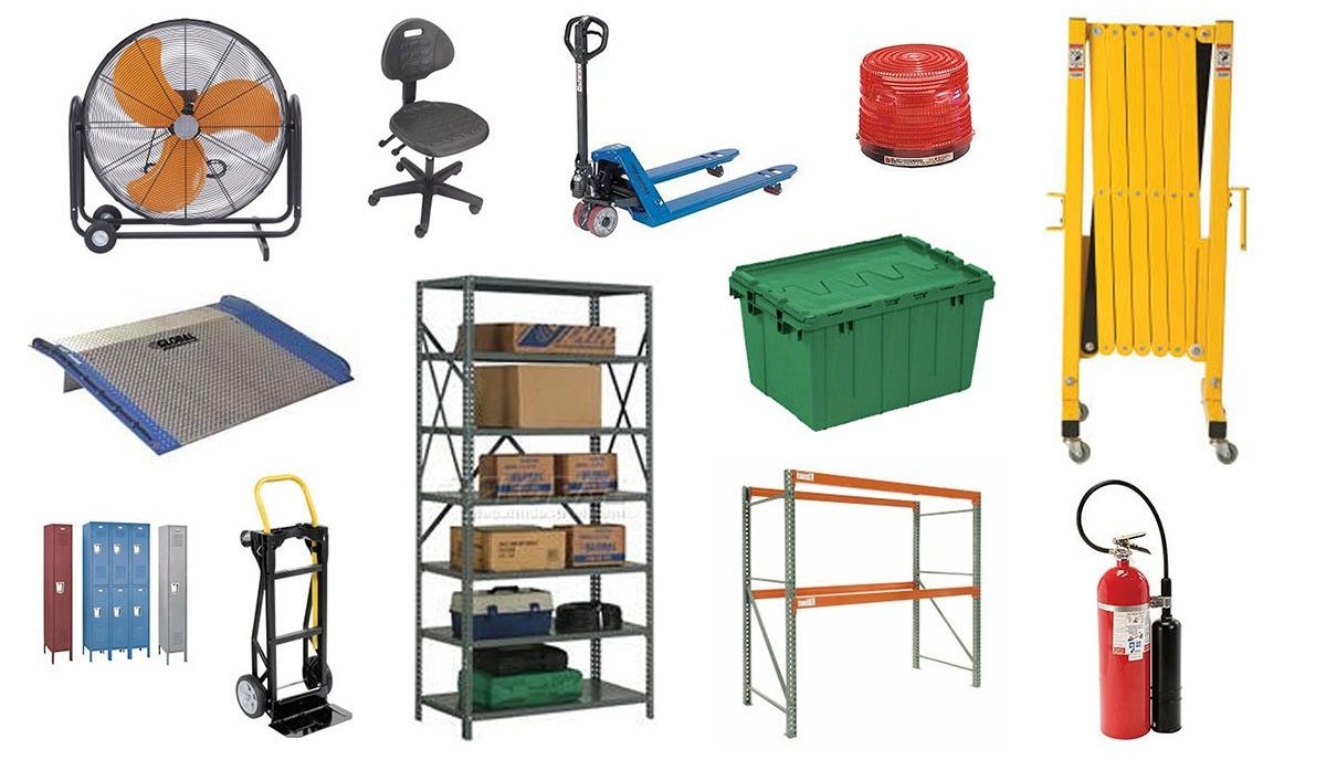 A collage of different material handling products, including forklifts, hand trucks, shelving units, safety equipment like barricades and fire extinguishers, and other warehouse supplies. 