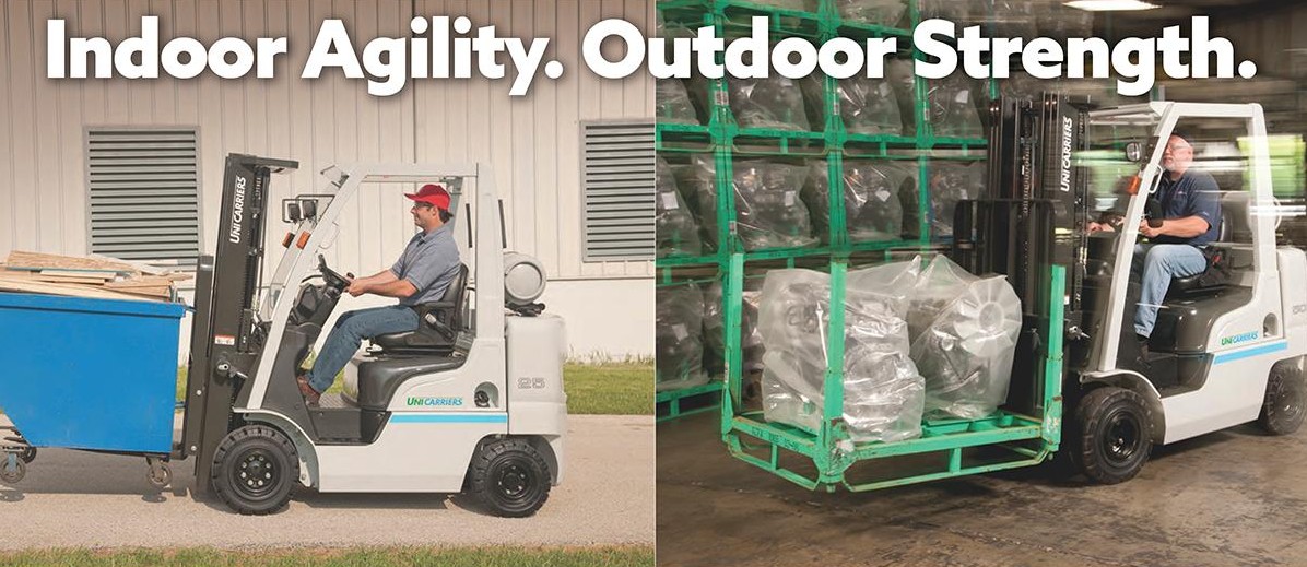 [UNICARRIERS Nomad Forklift outside lifing a trash bin, and inside moving engine parts]