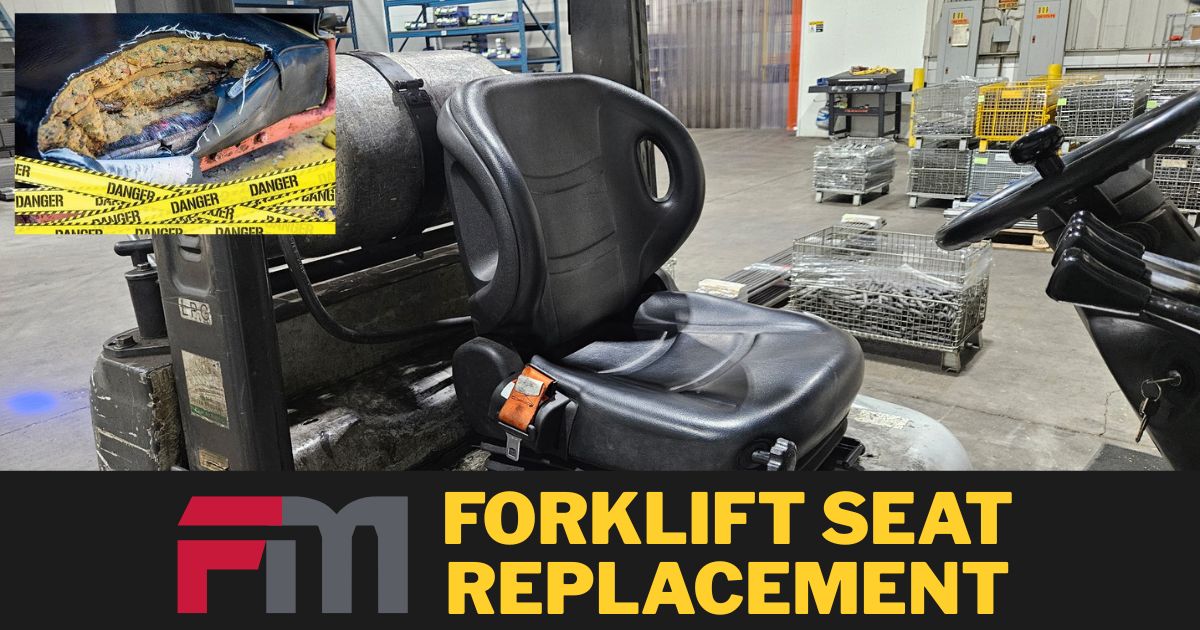 [Old forklift seat, new forklift seat installed]